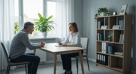 Врач и пациент сидят за столом и общаются