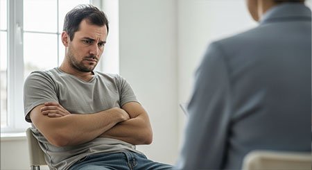 Мужчина сидит на стуле и смотрит на врача