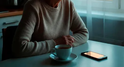Пожилой человек сидит за столом с чашкой чая и смартфоном