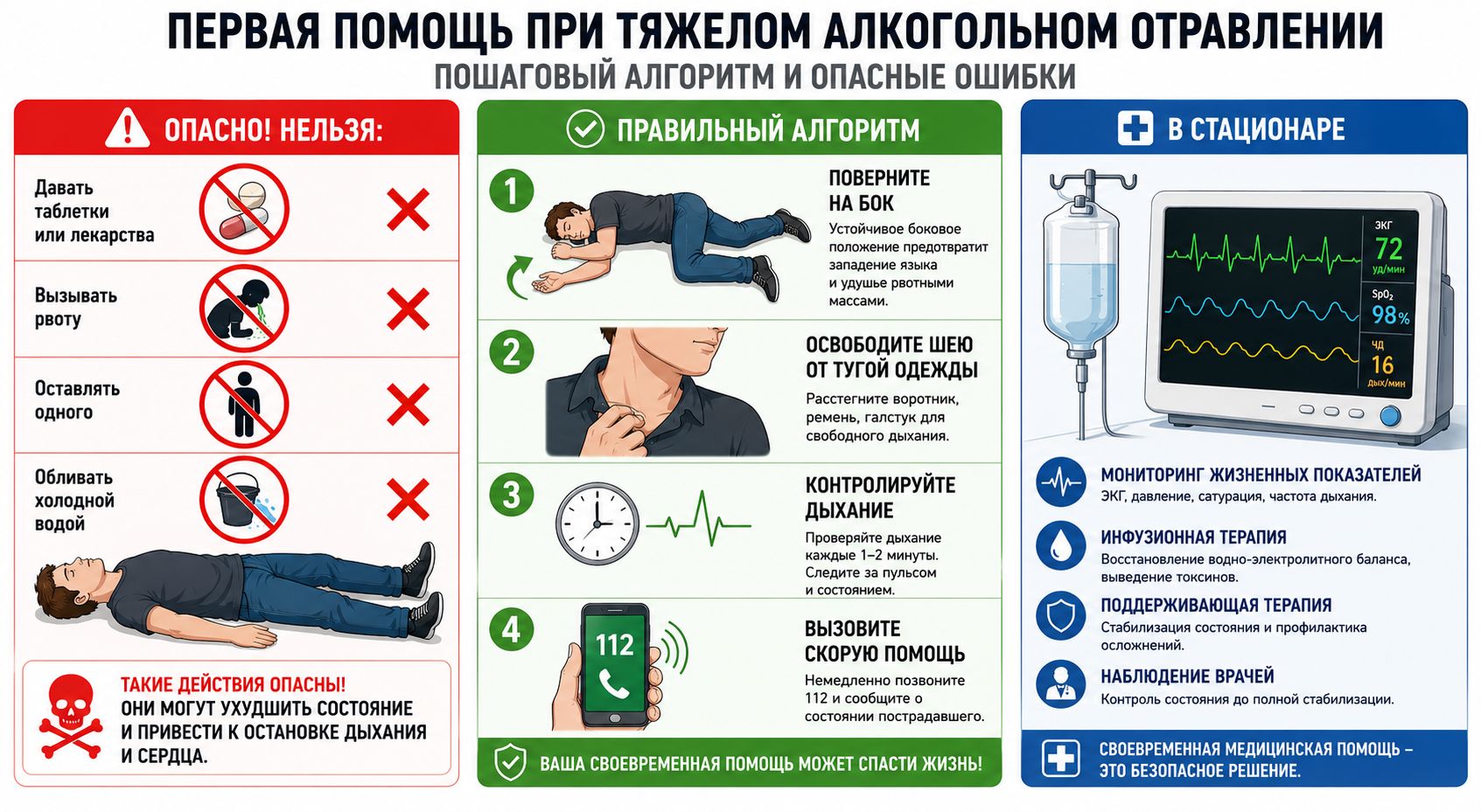 Первая помощь при тяжелом алкогольном отравлении Первая помощь при тяжелом алкогольном отравлении инфографика